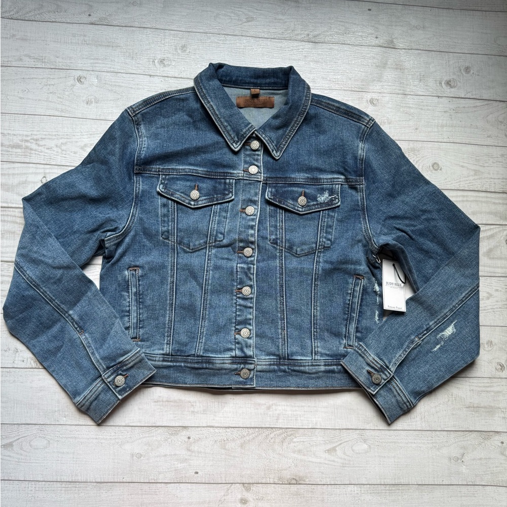 Judy Blue Large Denim Jean Jacket Stretchy Medium Vintage Wash NWT Boutique